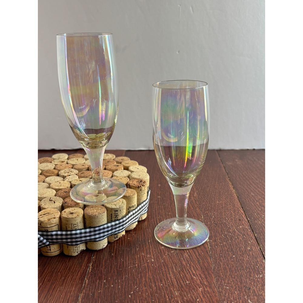 Vintage Iridescent Champagne Flutes Set of 2 Rainbow Luster Glass Stemware 6in